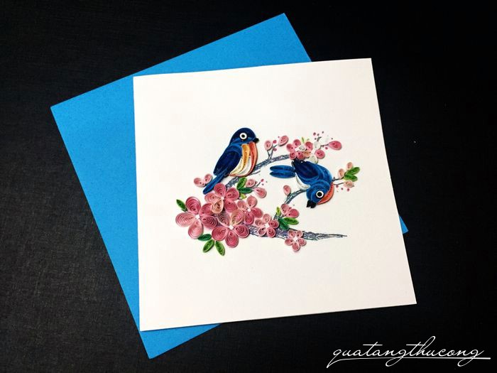 Thiệp năm mới quilling hoa đào và chim xanh dương